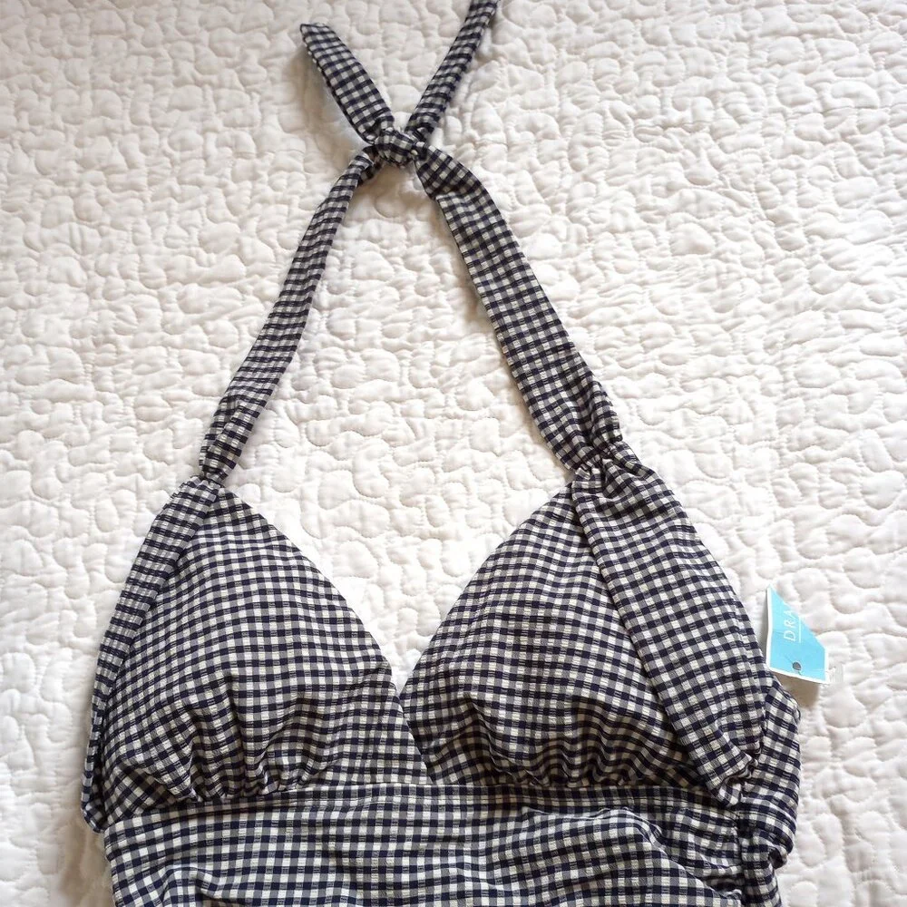Draper James Navy Gingham Seersucker Draped Halter Swimsuit - Picture 2 of 10